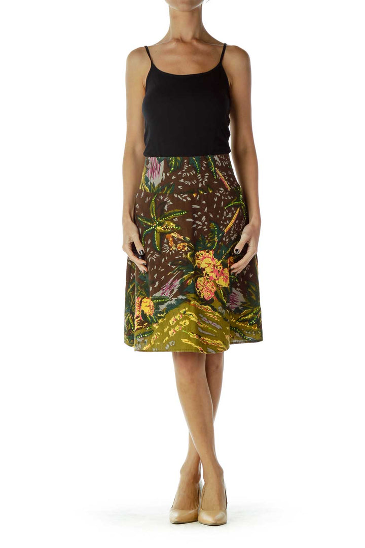 Brown Printed A-Line Skirt