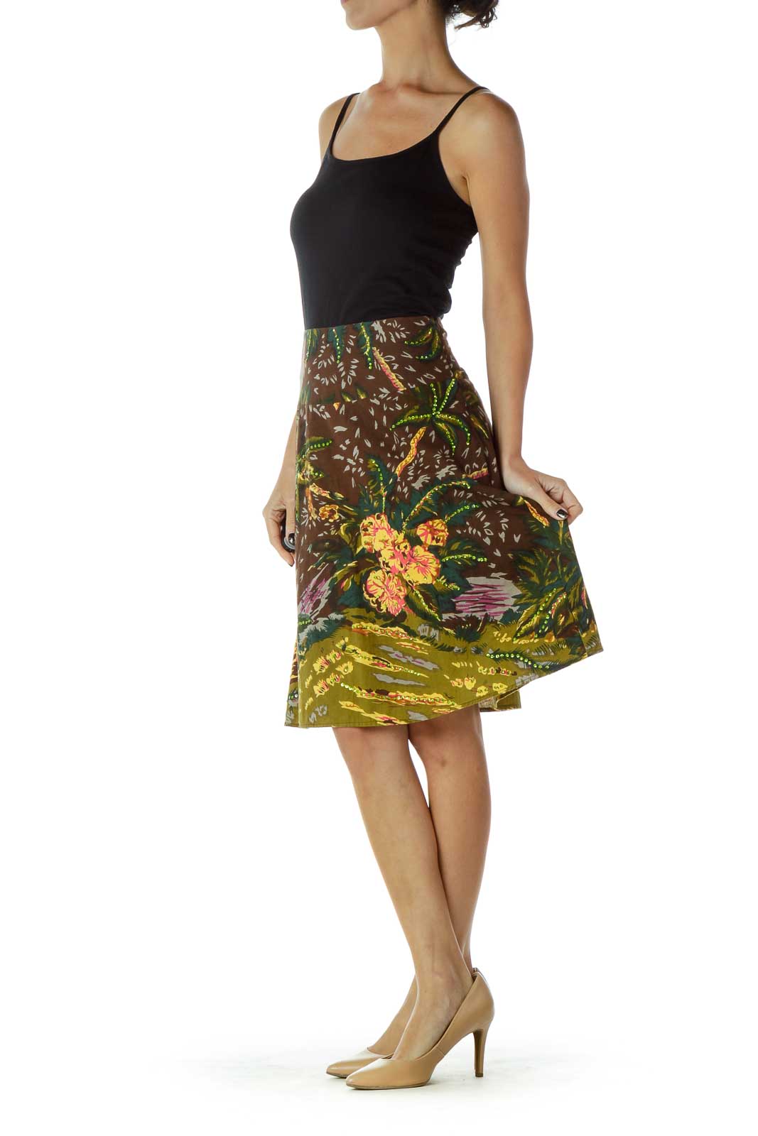 Brown Printed A-Line Skirt