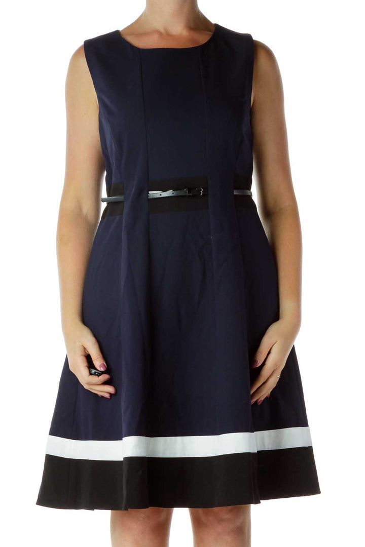 Navy Blue Fit and Flare Belted Dress