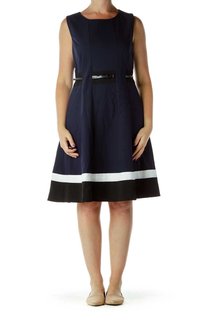 Navy Blue Fit and Flare Belted Dress