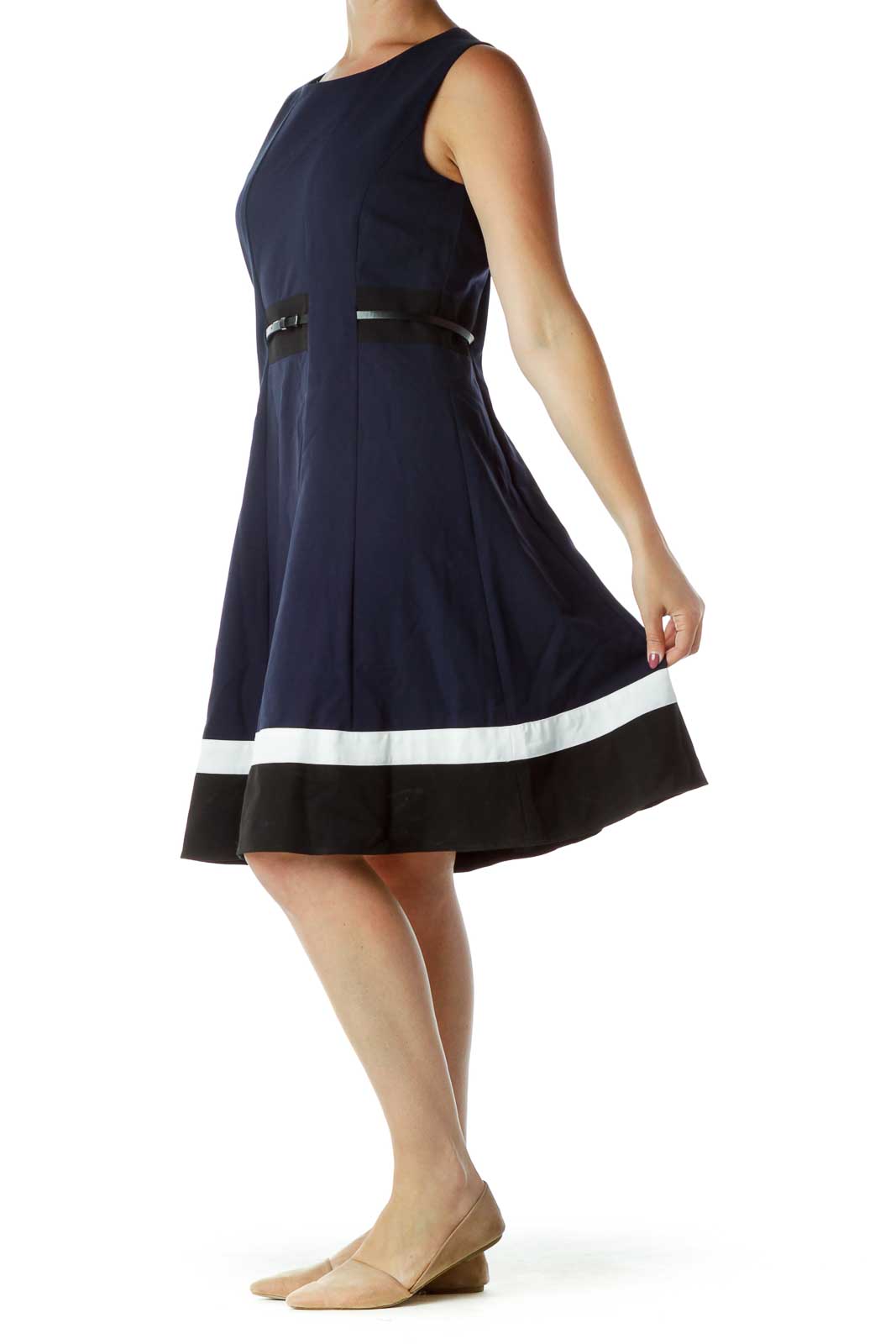 Navy Blue Fit and Flare Belted Dress