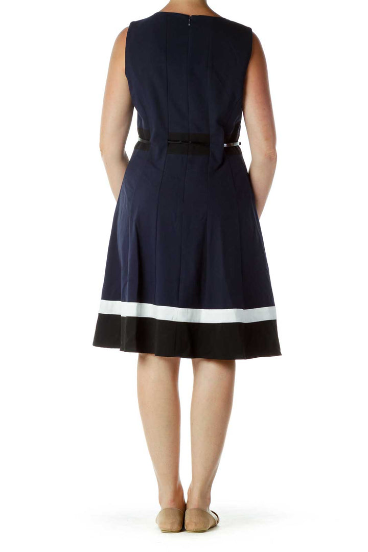 Navy Blue Fit and Flare Belted Dress