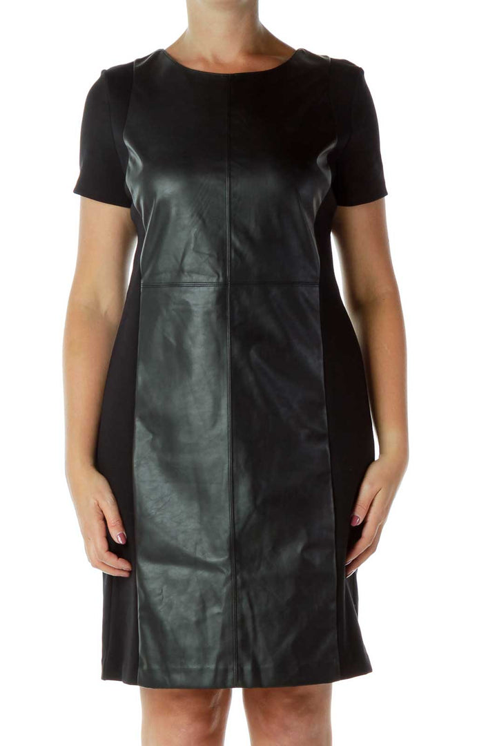 Black Fitted Dress with Faux Leather Panel