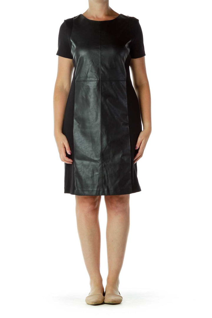 Black Fitted Dress with Faux Leather Panel