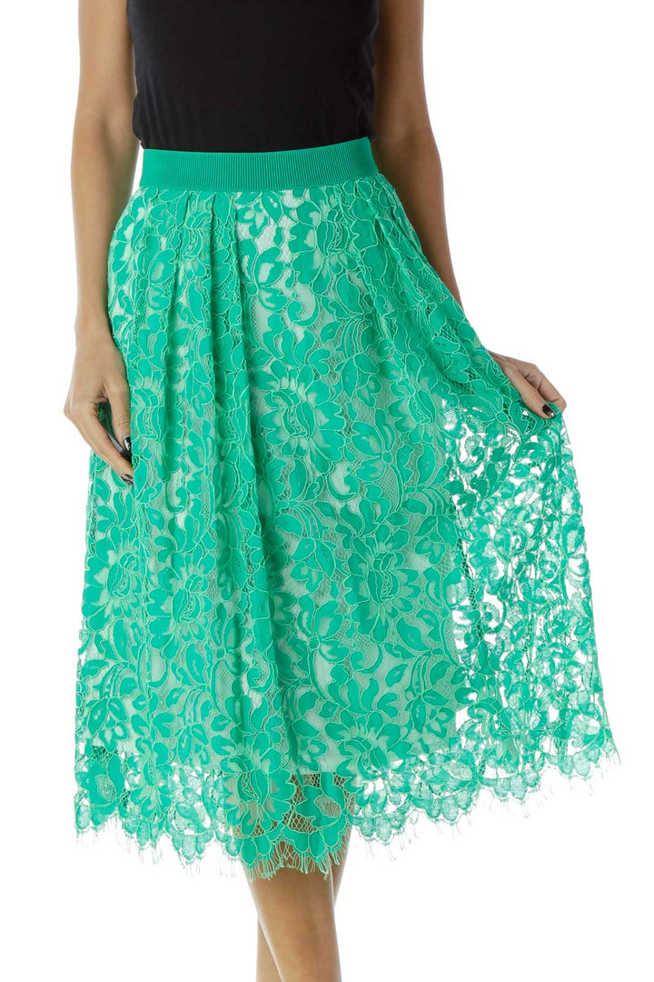 Teal Green Lace Knee-Length Flared Skirt