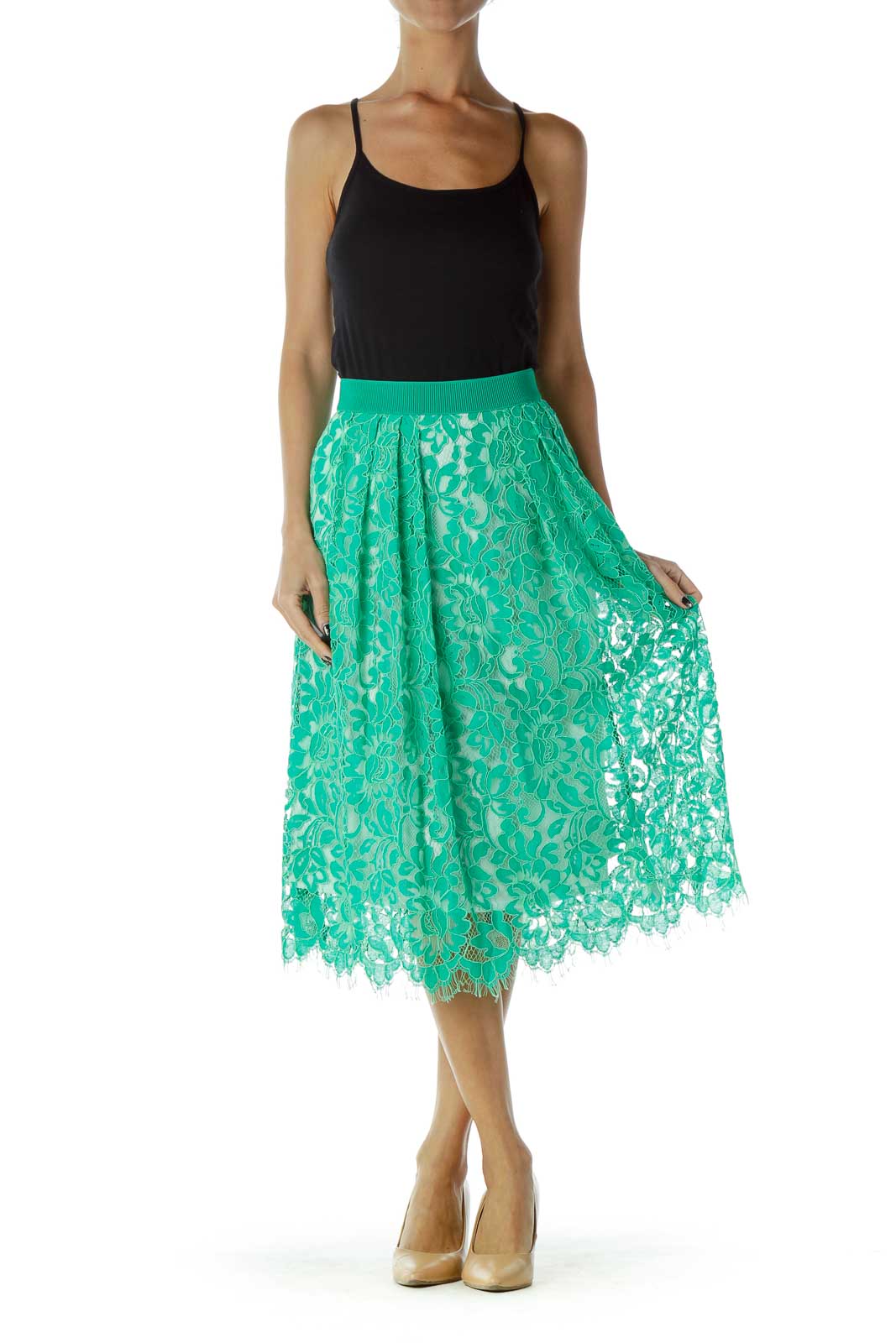 Teal Green Lace Knee-Length Flared Skirt