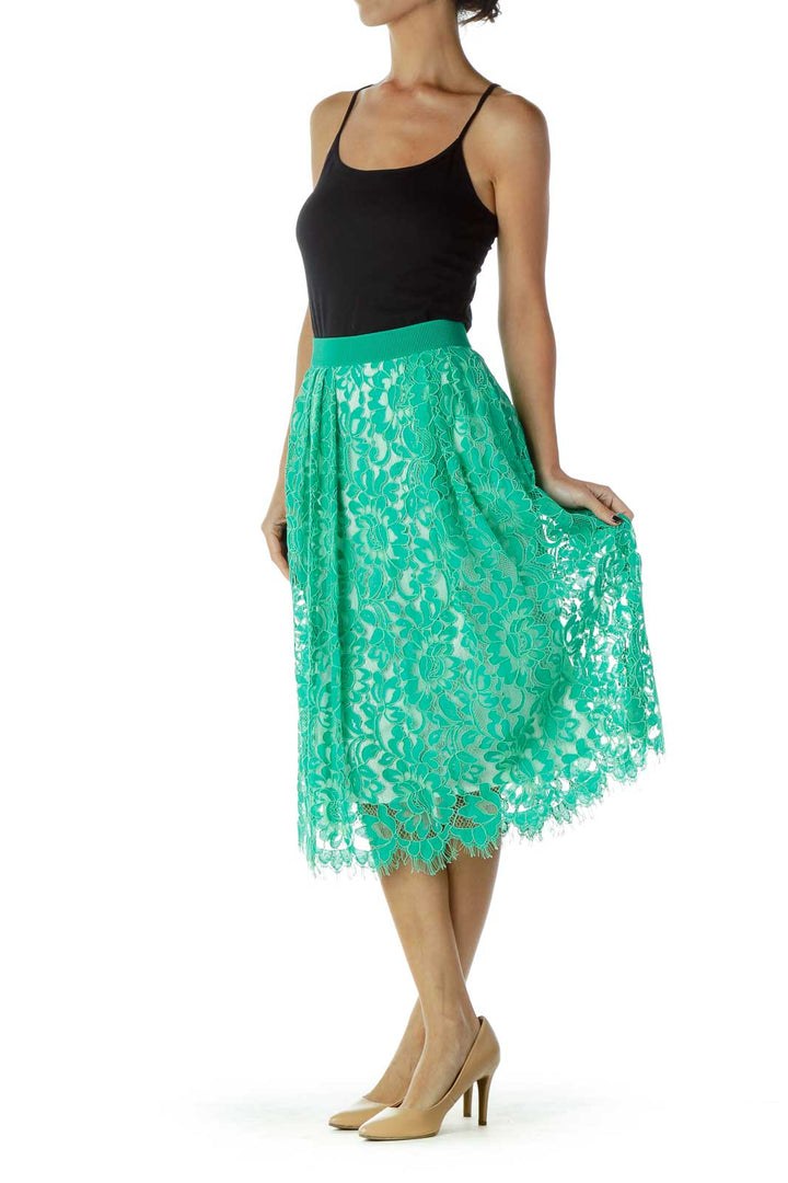 Teal Green Lace Knee-Length Flared Skirt