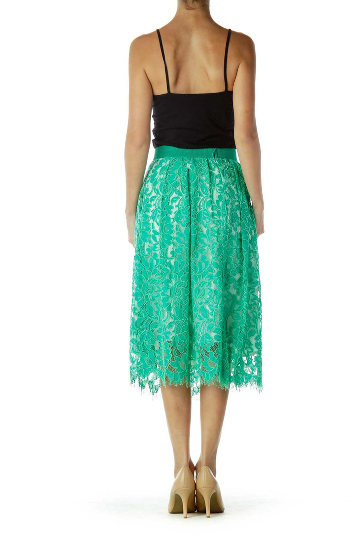 Teal Green Lace Knee-Length Flared Skirt