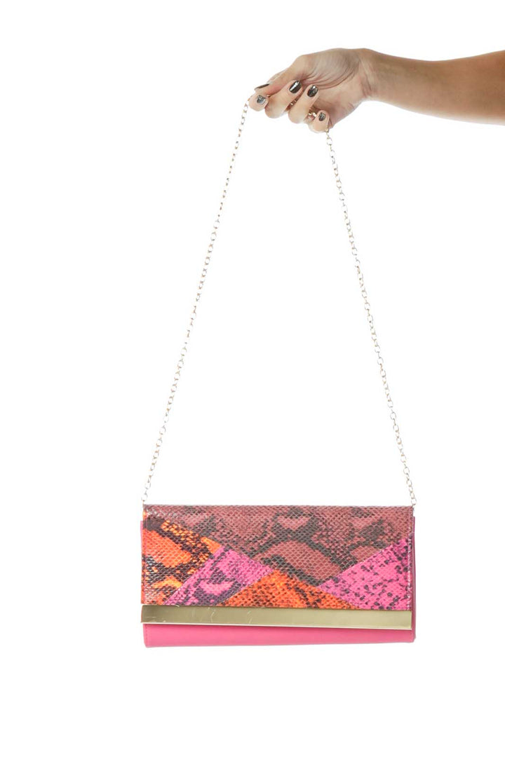 Pink Geometric Crocodile Print Clutch