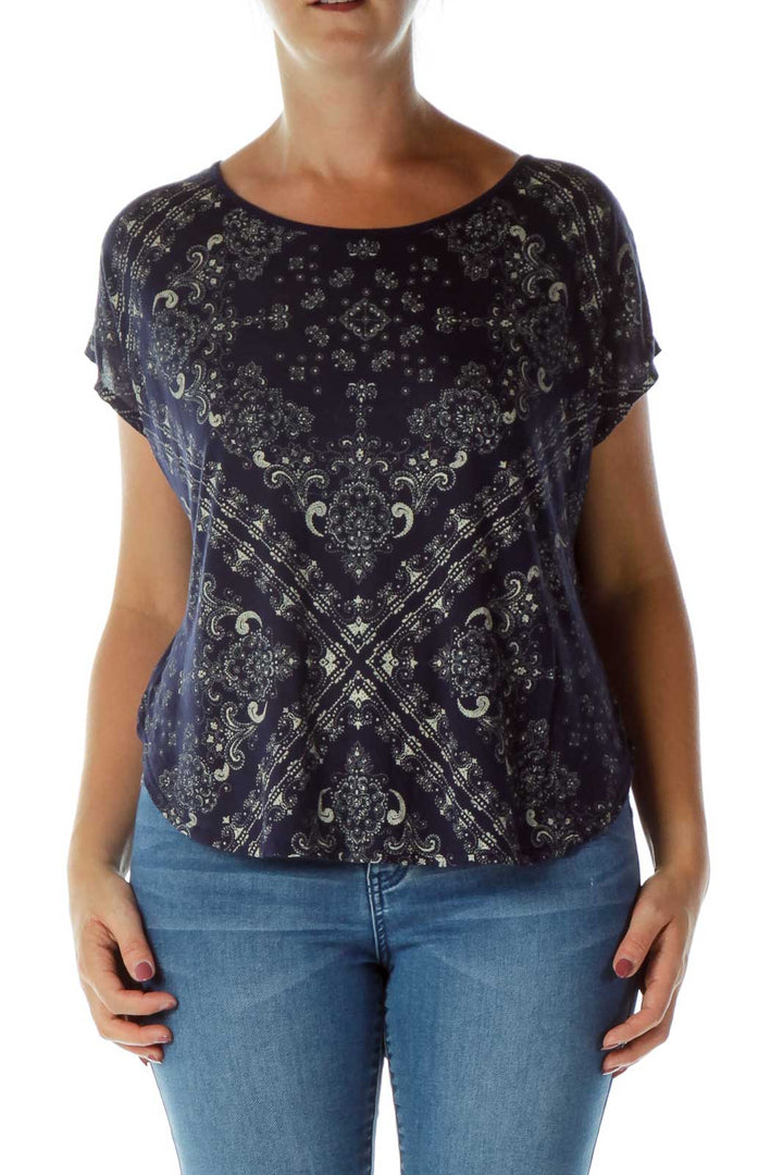 Navy Beige Paisley Loose Top