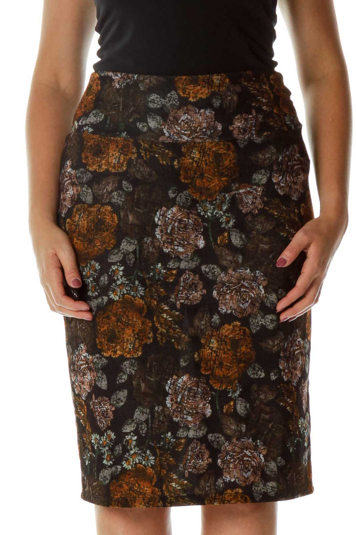 Black Floral Print Pencil Skirt