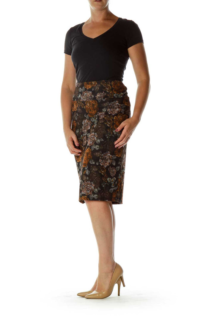 Black Floral Print Pencil Skirt