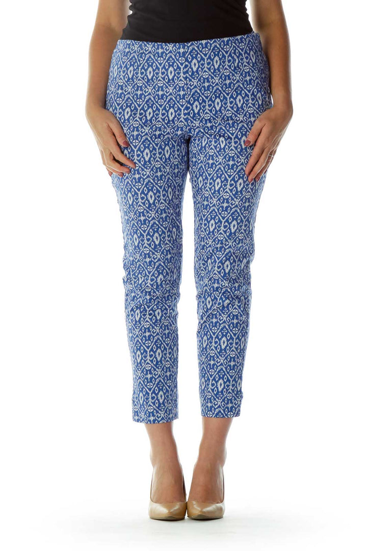 Blue White Print Cropped Pants