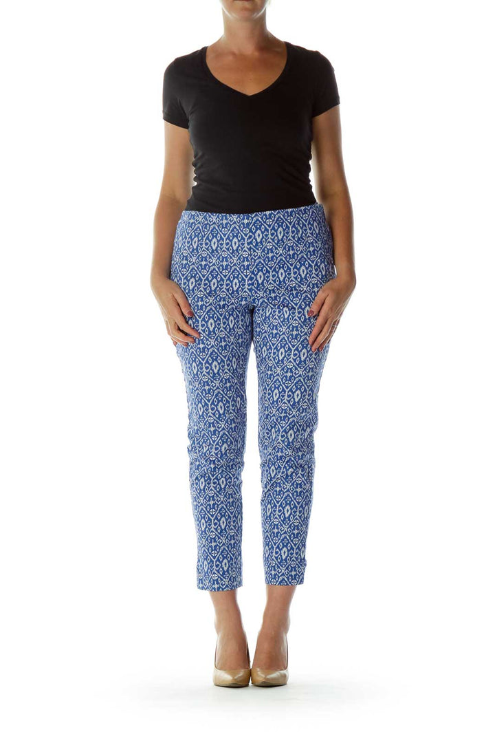 Blue White Print Cropped Pants