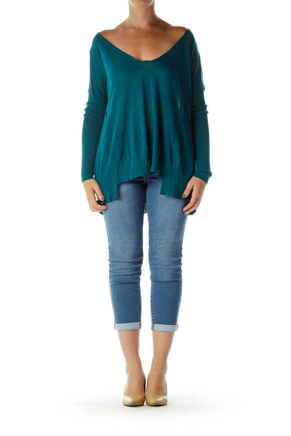 Front view of teal oversized V-neck knit sweater from Free People