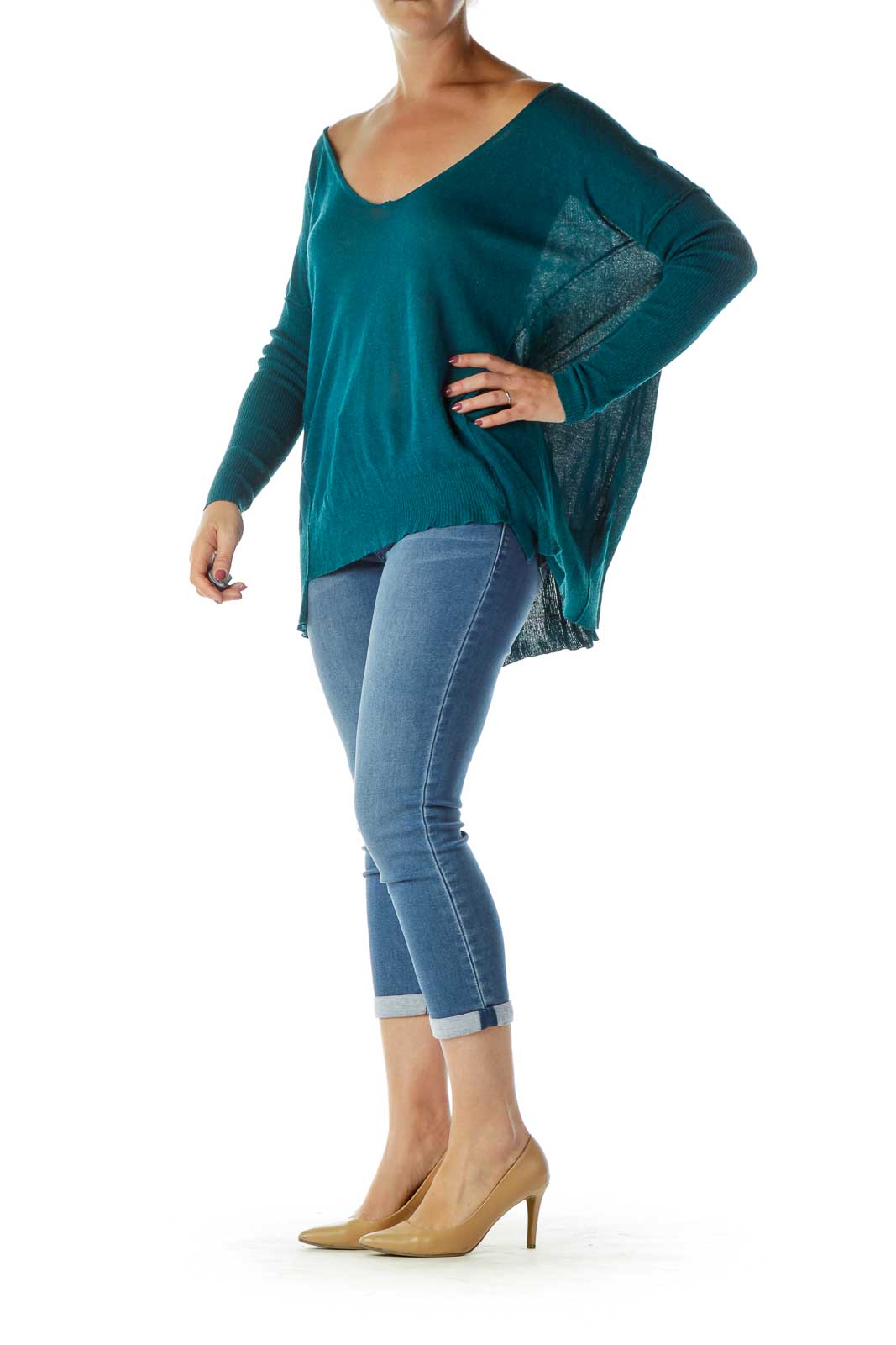 Front view of teal oversized V-neck knit sweater from Free People