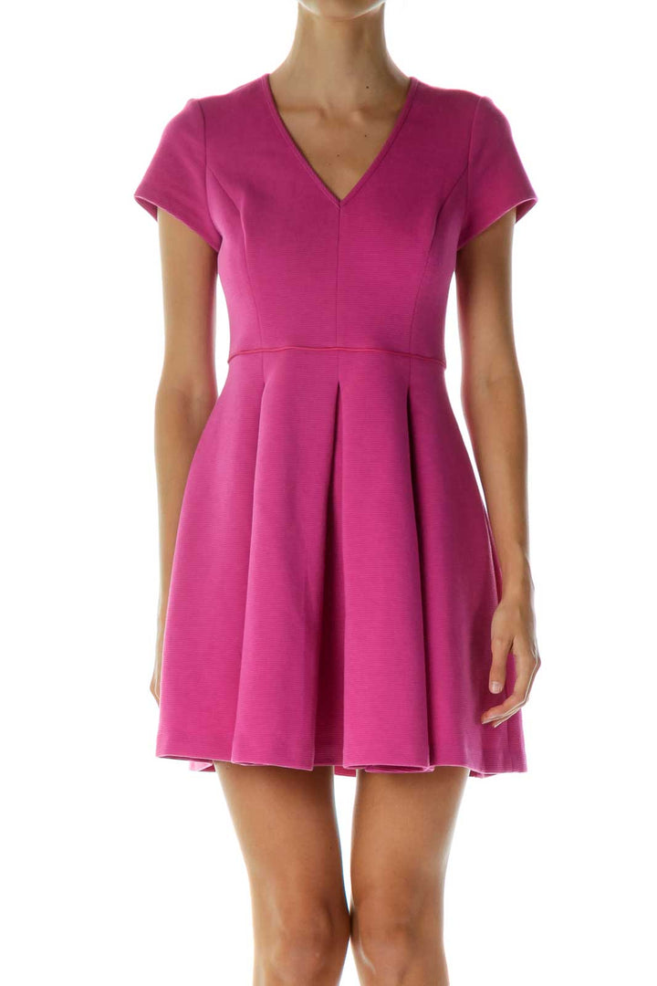 Pink Pleated V-Neck Work Dress