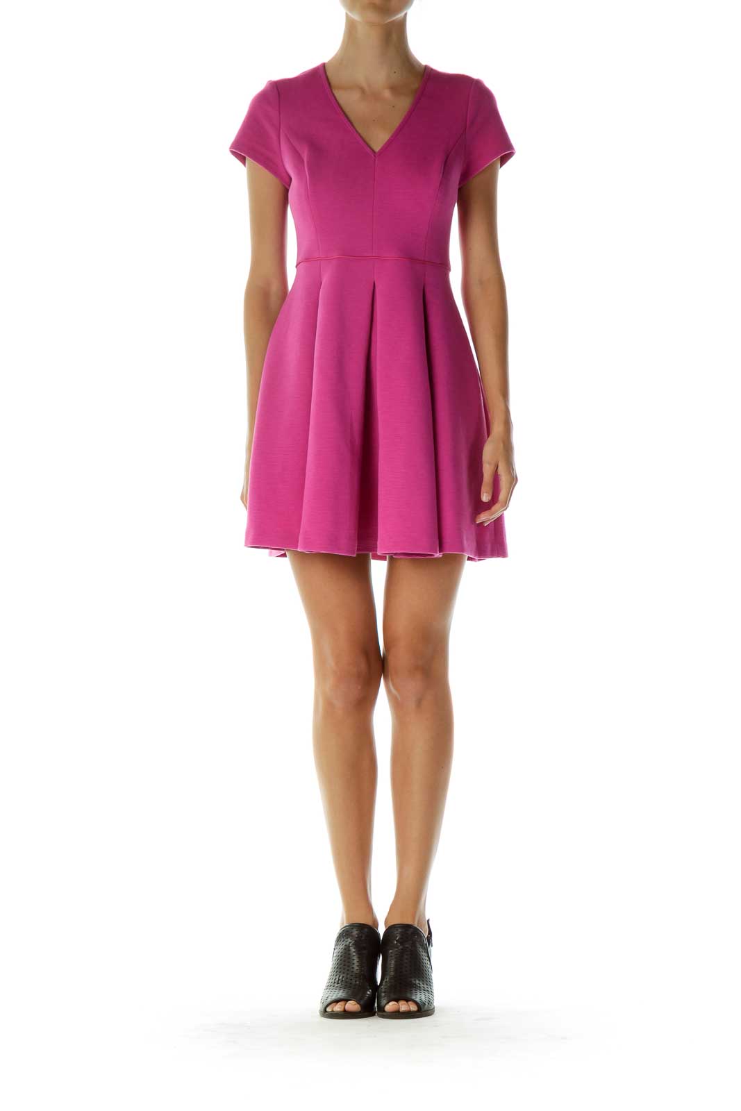 Pink Pleated V-Neck Work Dress