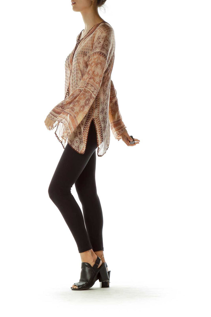 Brown Printed Bell Sleeve Blouse