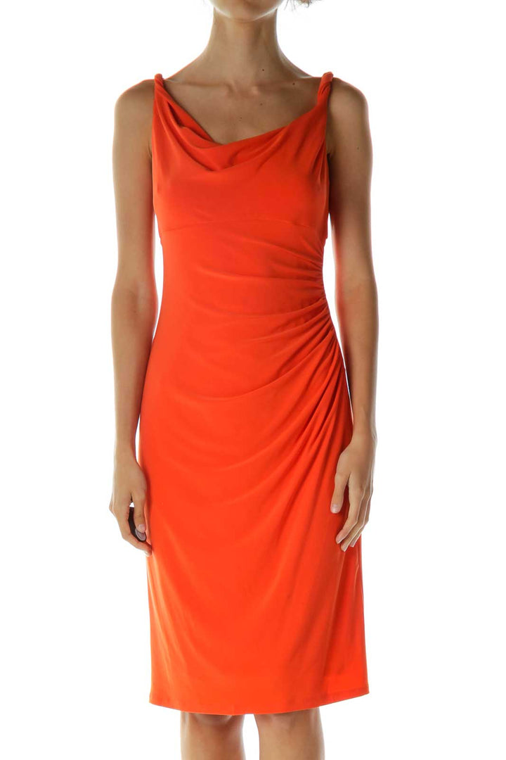 Orange Scrunched Sleeveless Cocktail Dress