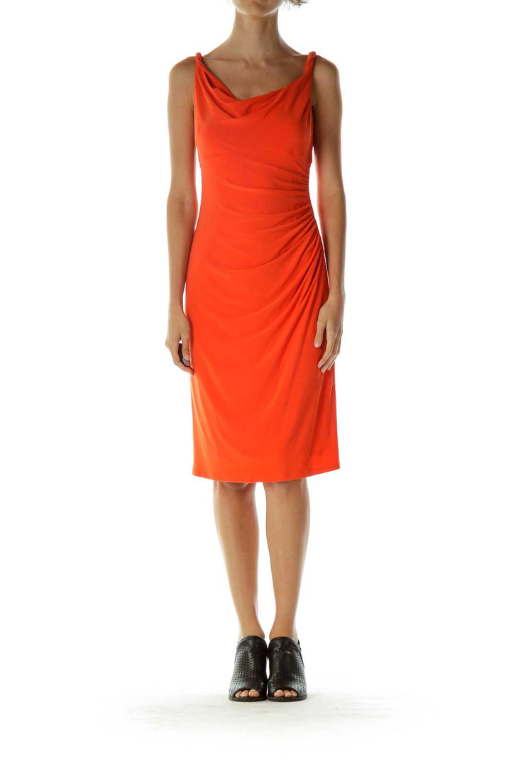 Orange Scrunched Sleeveless Cocktail Dress