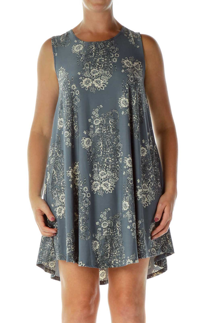 Blue Cream Floral Print Tent Dress