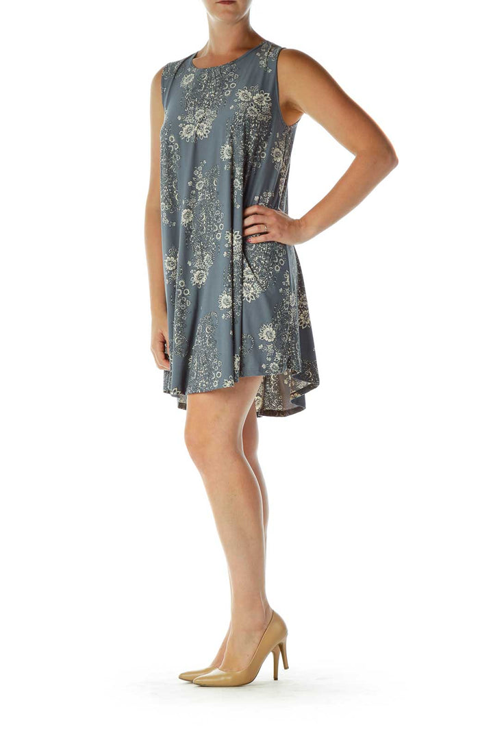 Blue Cream Floral Print Tent Dress