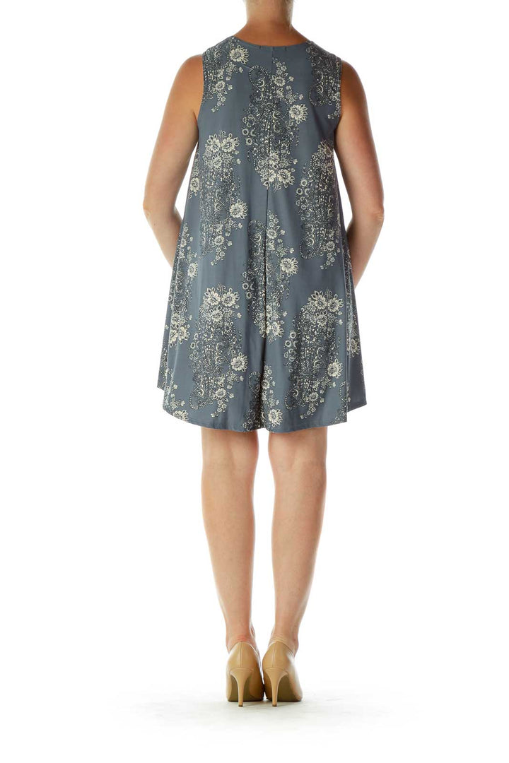 Blue Cream Floral Print Tent Dress