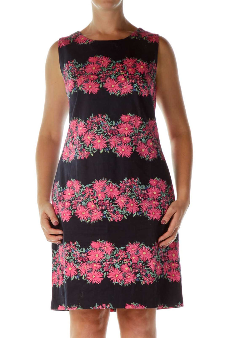 Navy Pink Flower Print Shift Dress