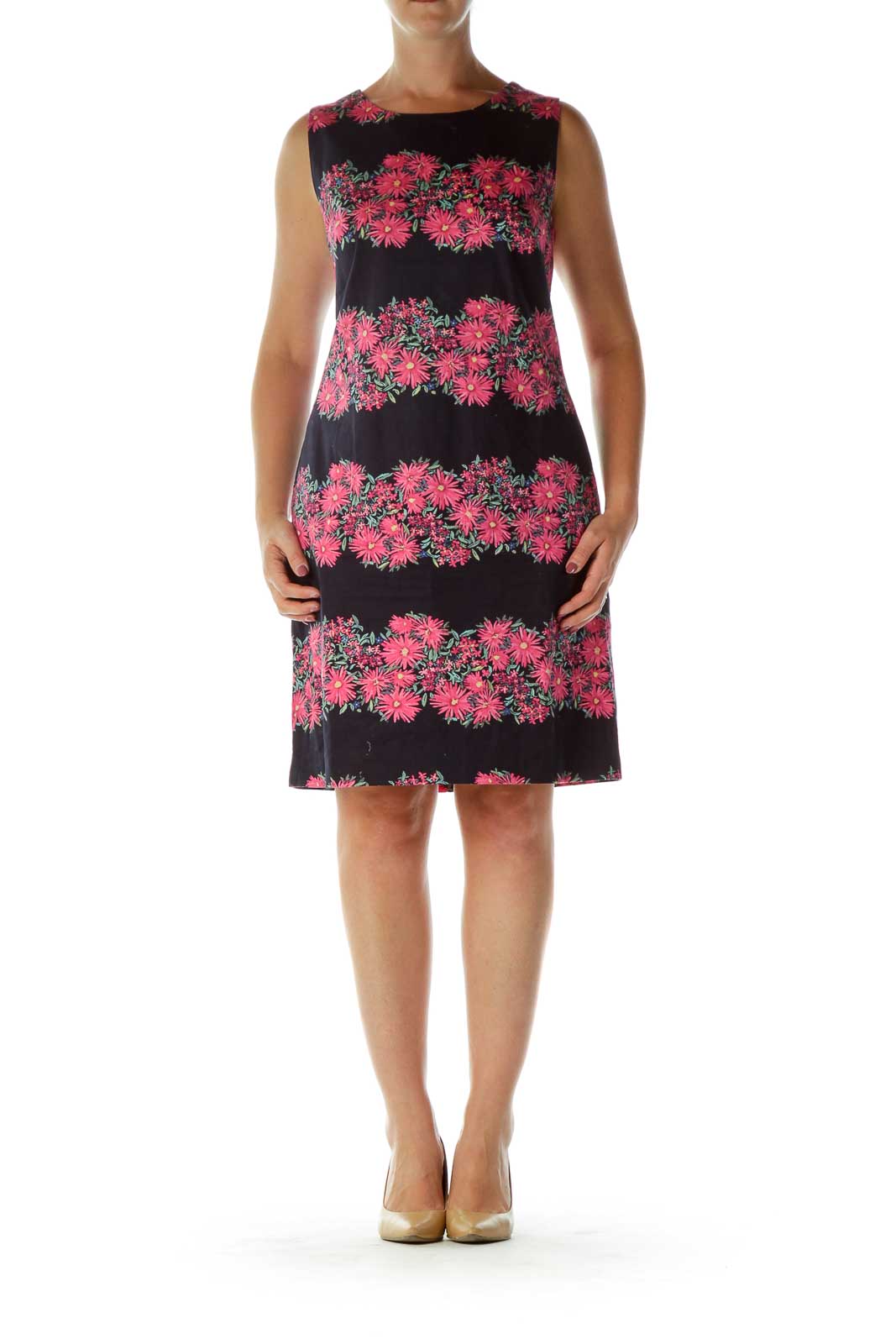 Navy Pink Flower Print Shift Dress