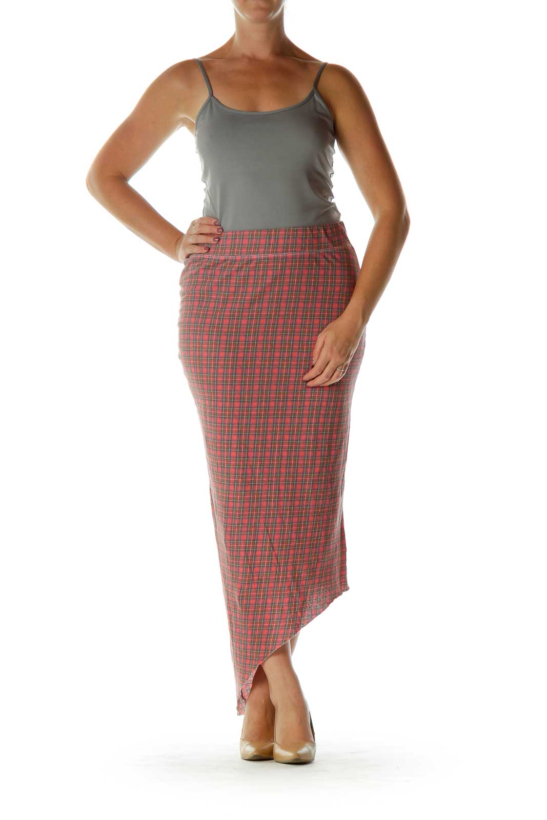 Red Blue Plaid Asymmetrical Skirt