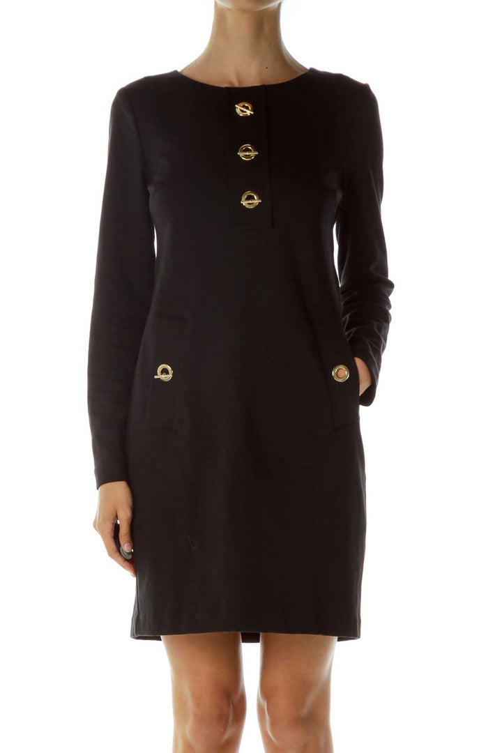 Black Gold Hardware Long Sleeve Work Dress