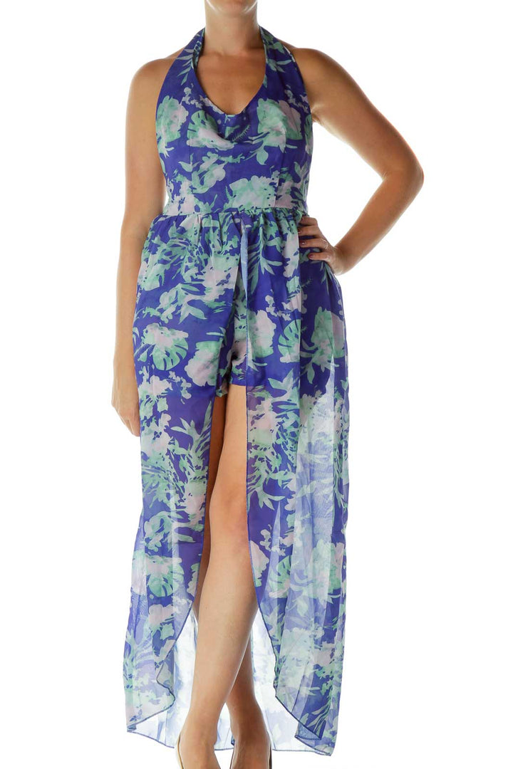 Blue Green Flower Print Romper Dress