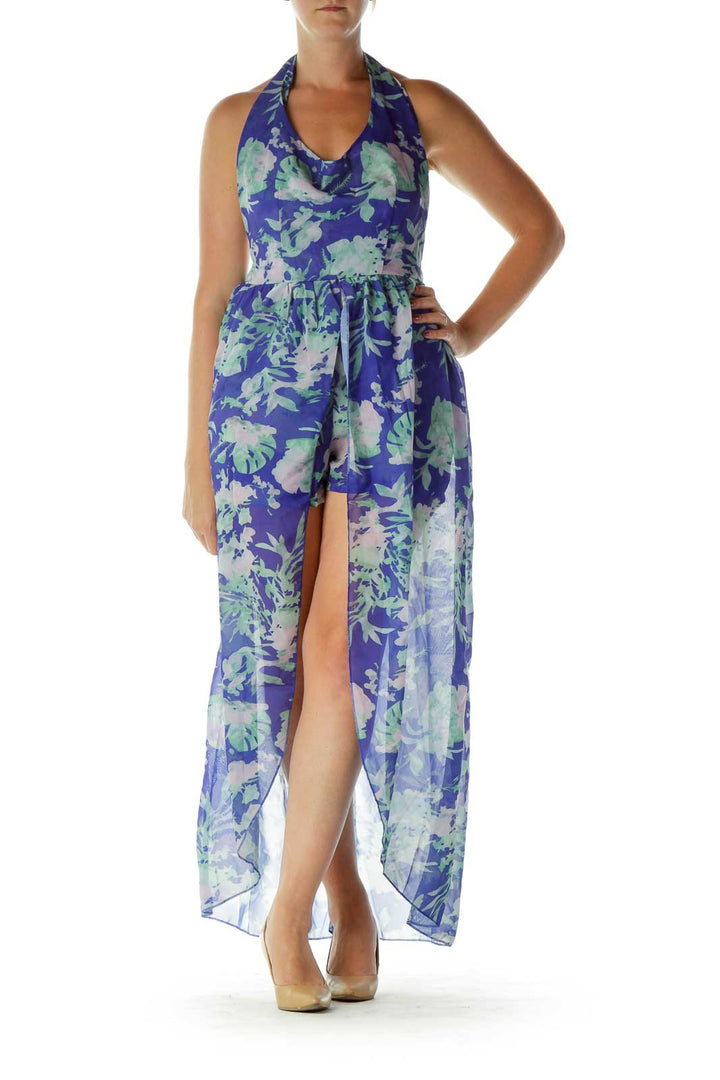 Blue Green Flower Print Romper Dress