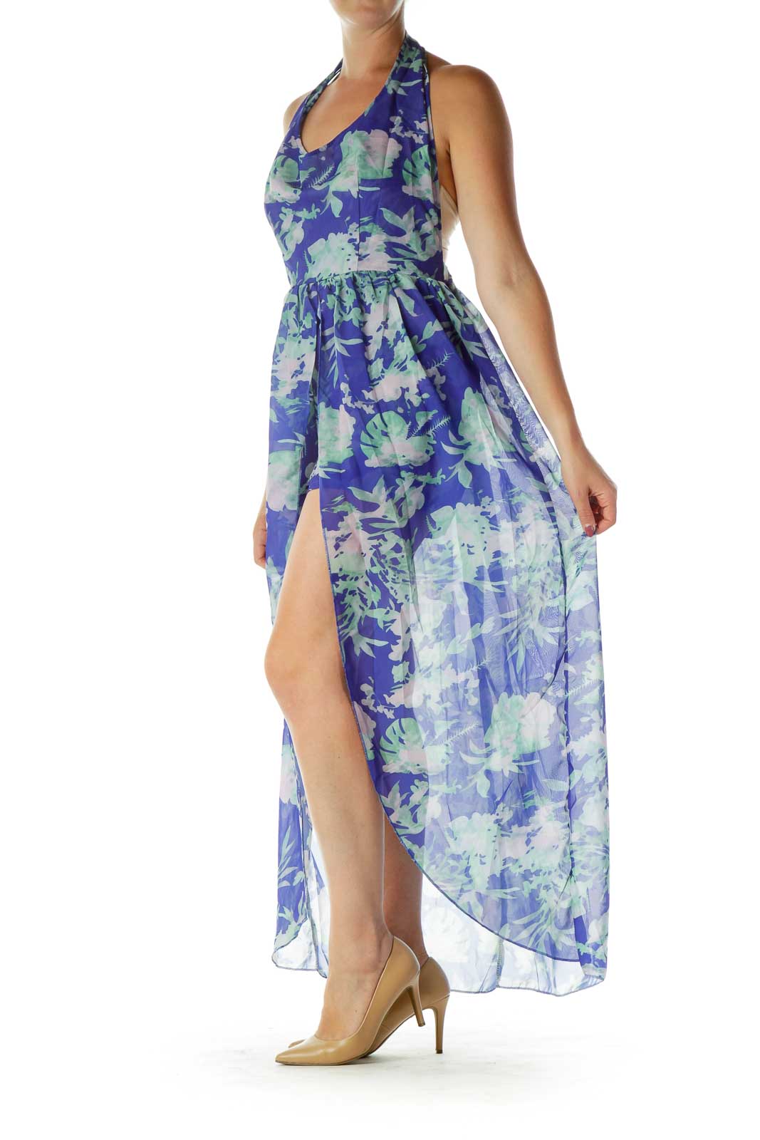 Blue Green Flower Print Romper Dress