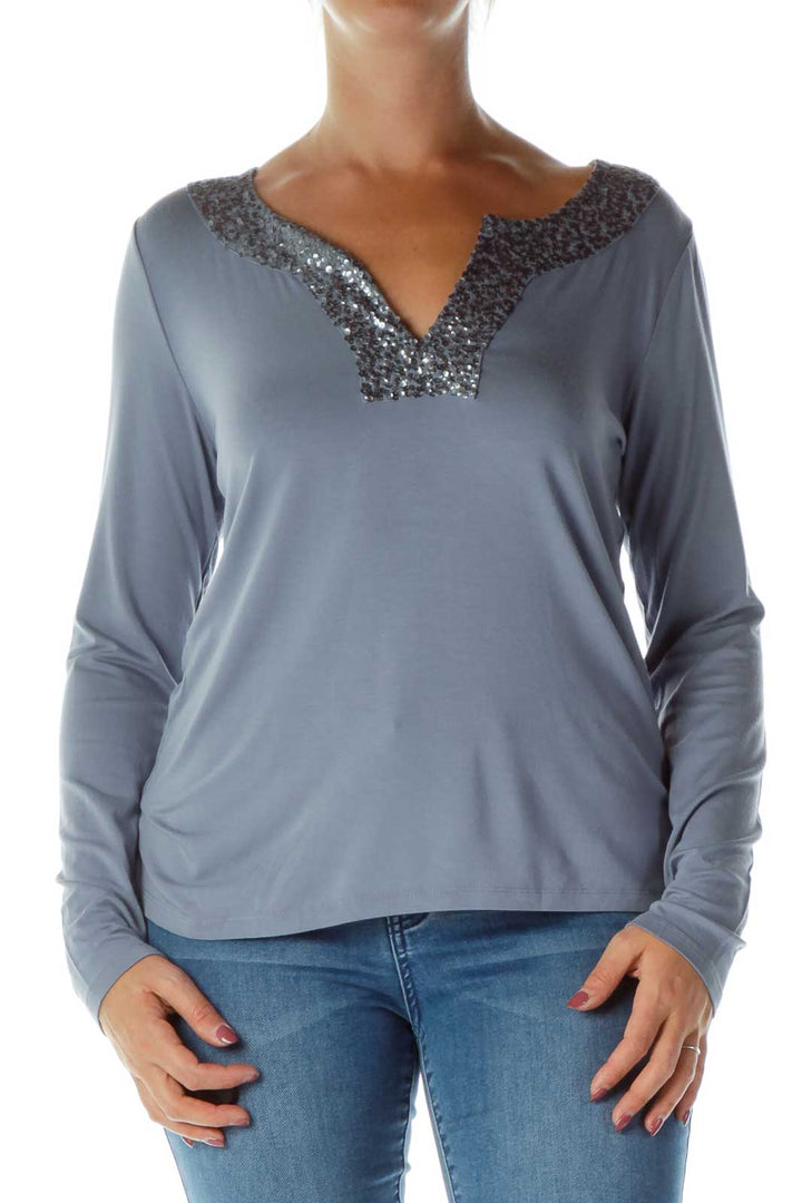 Blue V-Neck Sequined Blouse