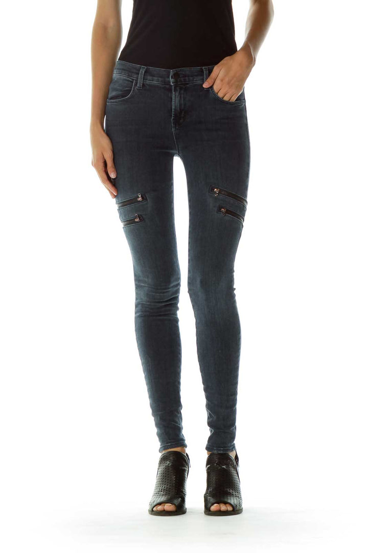 Blue Zipper Pocket Skinny Jeans