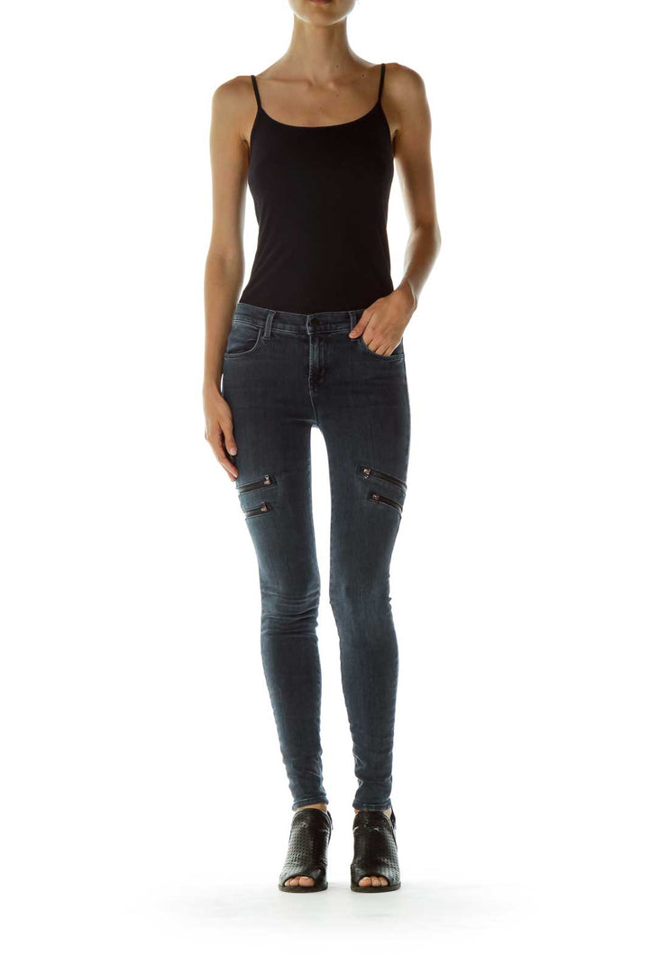 Blue Zipper Pocket Skinny Jeans