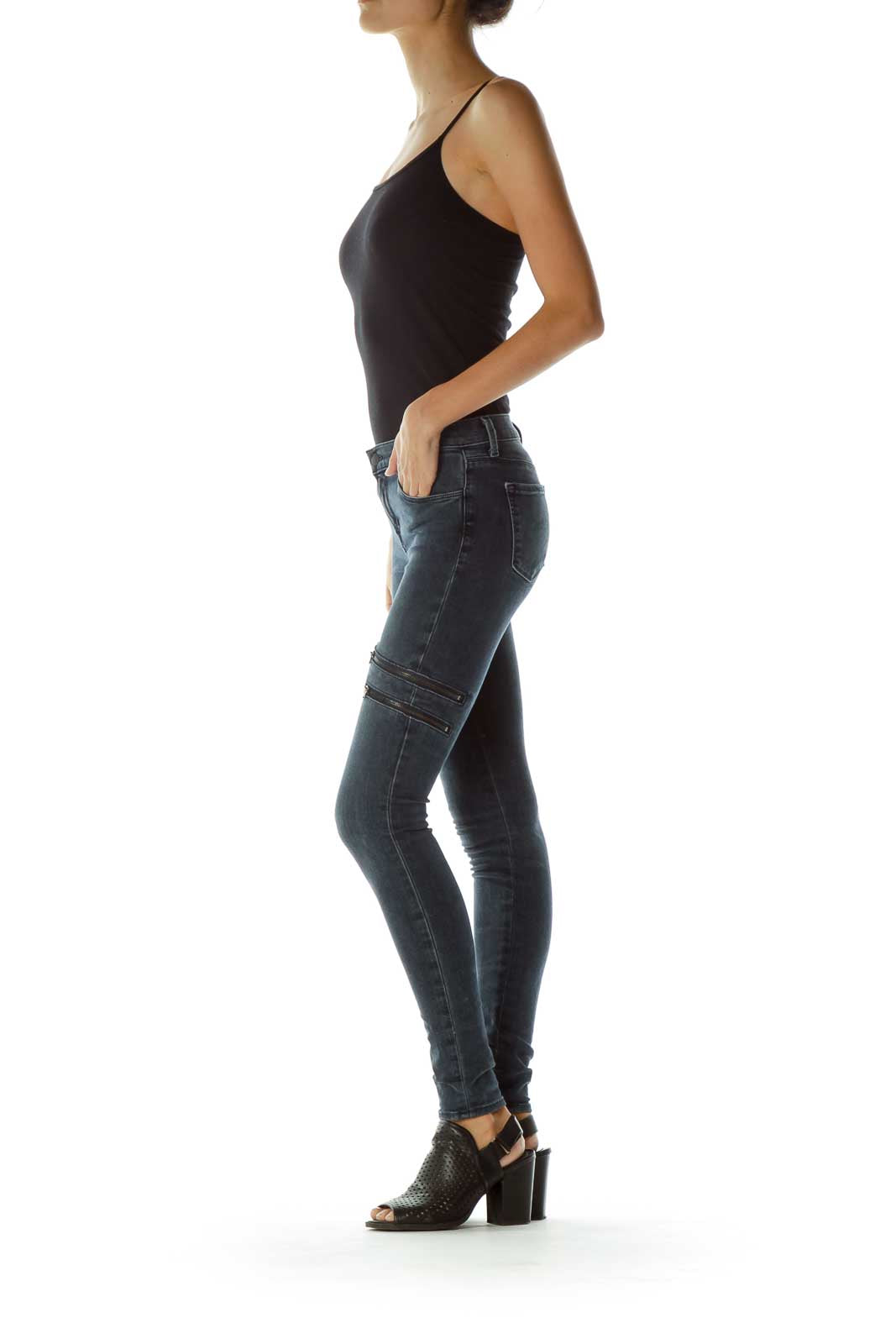 Blue Zipper Pocket Skinny Jeans