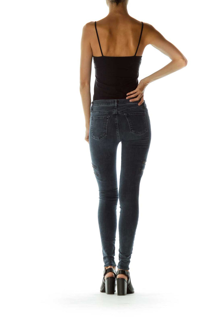 Blue Zipper Pocket Skinny Jeans