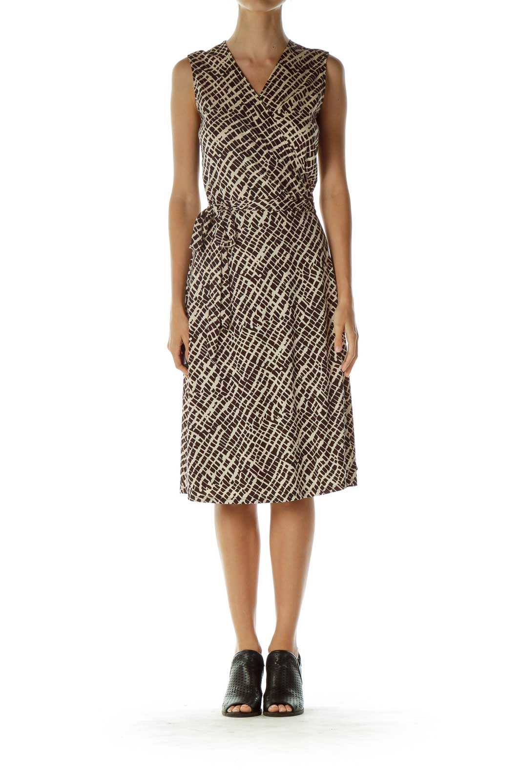 Brown and Beige Printed Wrap Dress