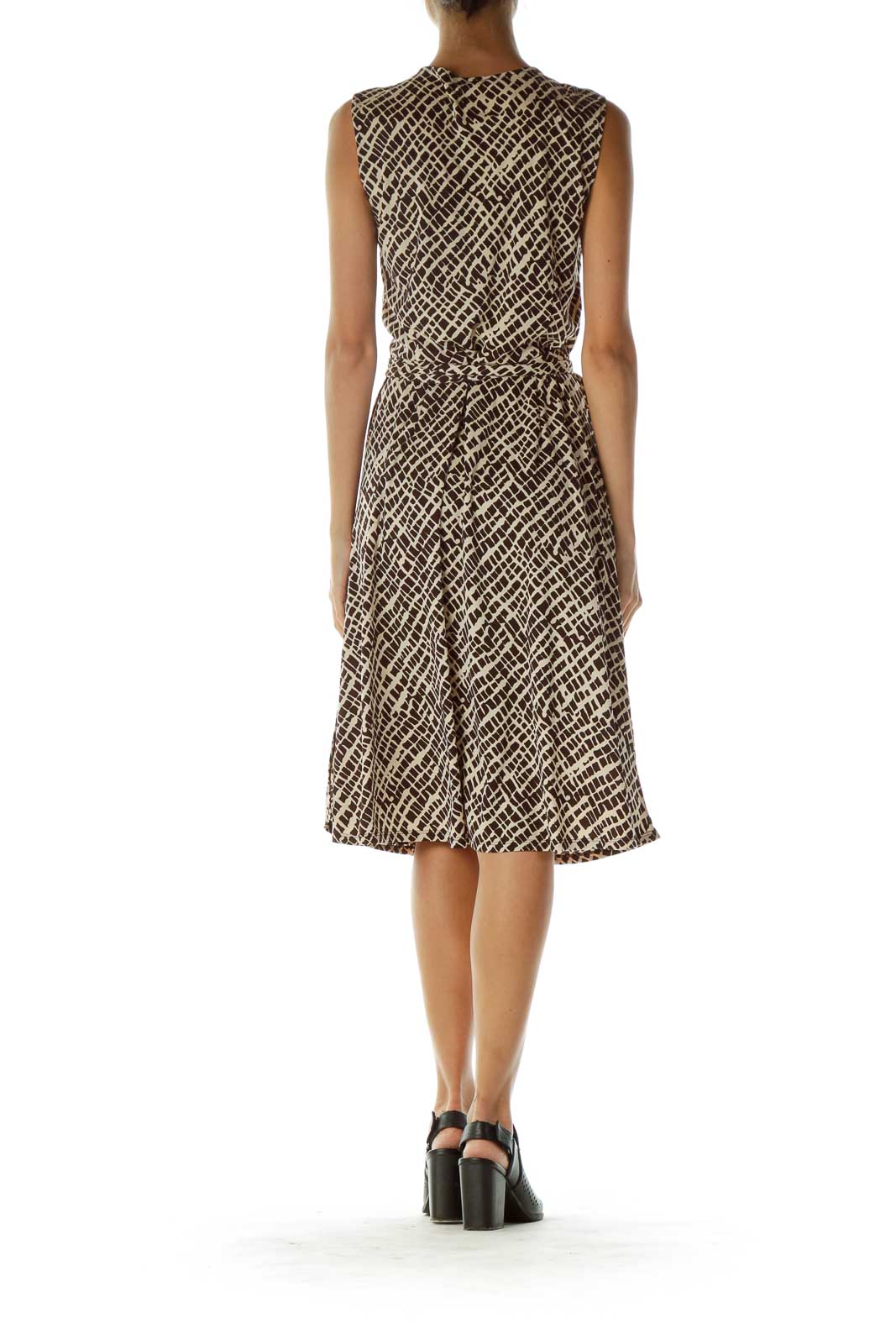 Brown and Beige Printed Wrap Dress