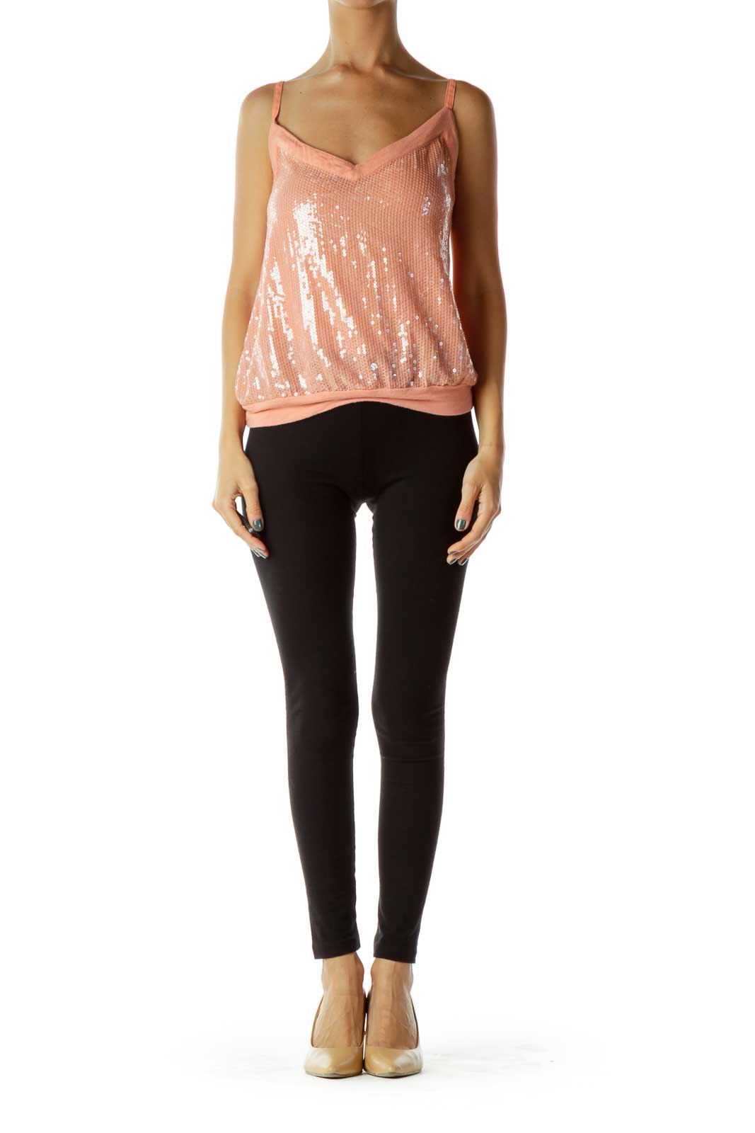 Coral Spaghetti Strap Sequined Tank