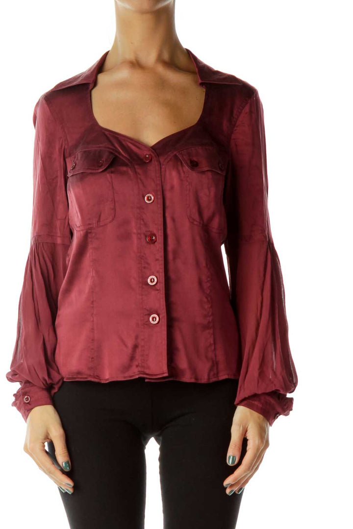 Burgundy Sheer-Sleeve Silk Shirt