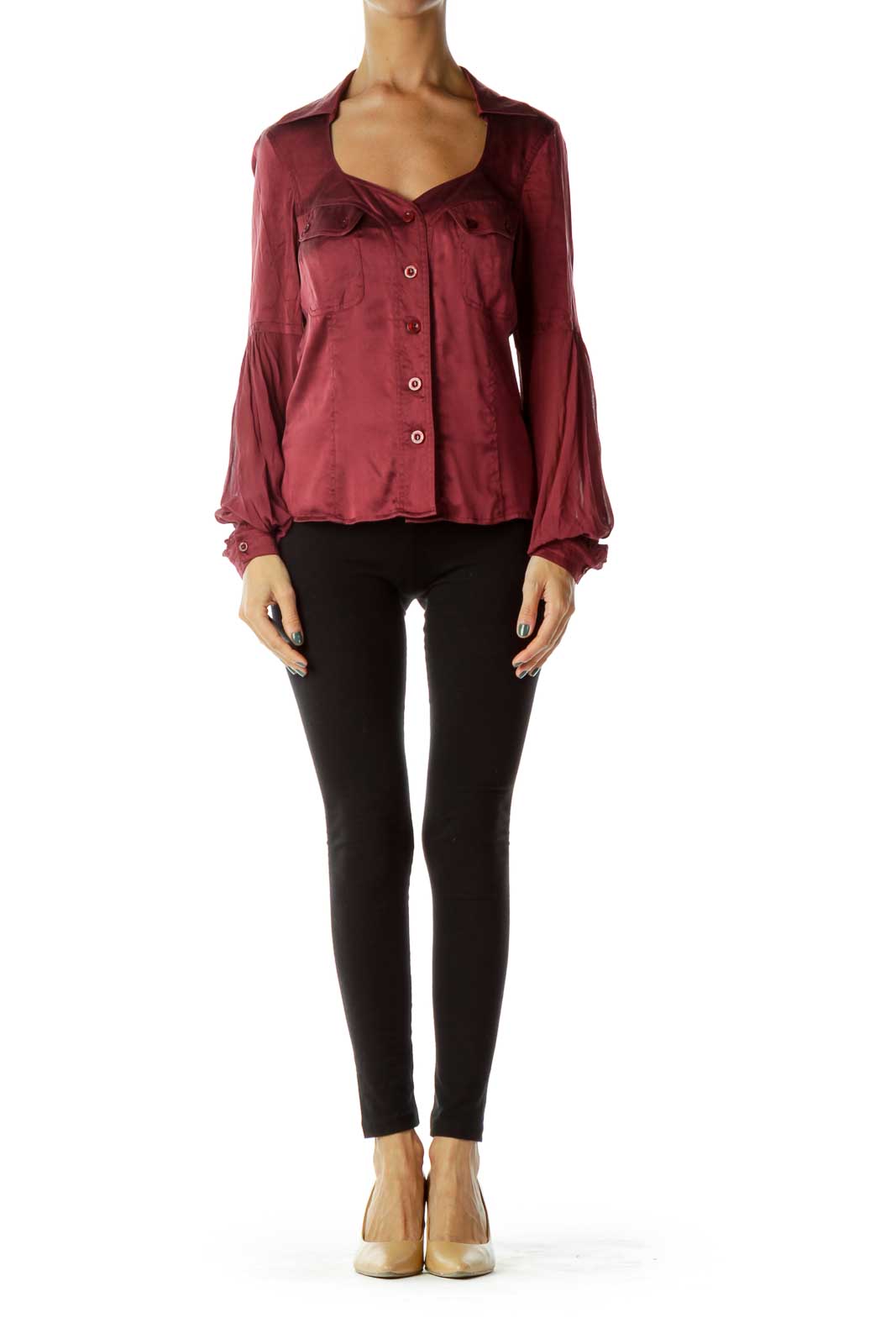 Burgundy Sheer-Sleeve Silk Shirt