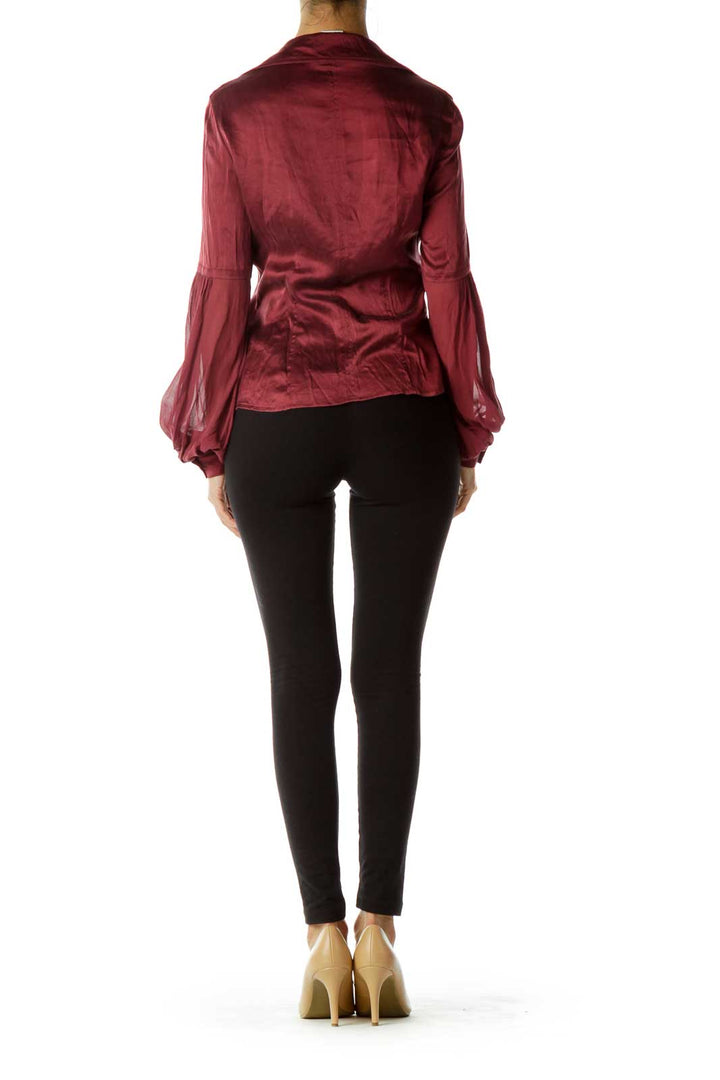 Burgundy Sheer-Sleeve Silk Shirt