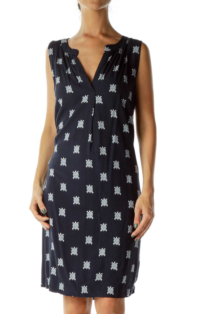 Navy Turtle Print Sleeveless Dress