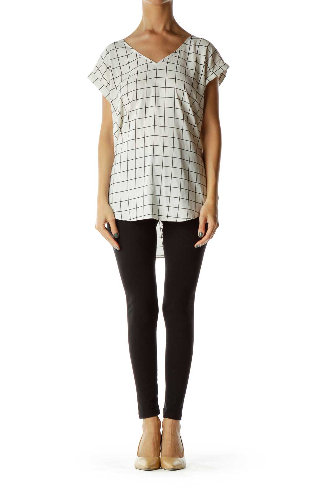 White/Black Checked V-Neck Shirt