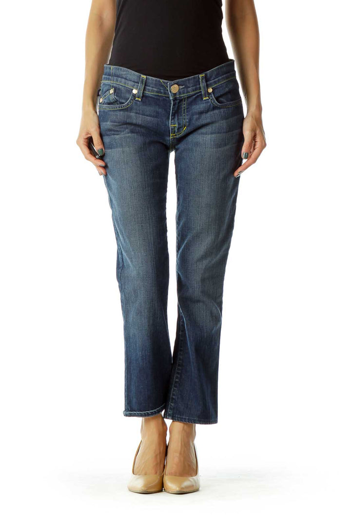 Navy Stitched Pocketed Straight-Leg Jeans