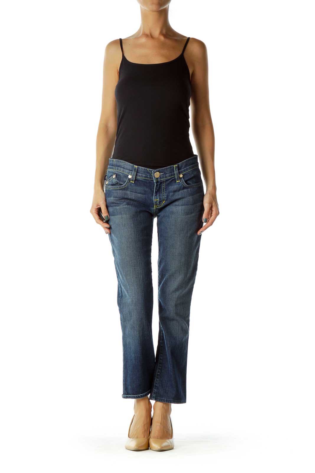 Navy Stitched Pocketed Straight-Leg Jeans